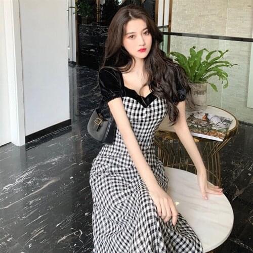 2021 summer new large womens Retro French Plaid Dress