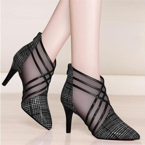 New woman shoes Spring Fashion Mesh Lace Crossed Stripe Pointed Toe Women High heel pumps Feminine Mujer Sandals tyu7