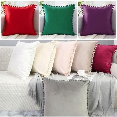 New Velvet Throw Pillow Covers With Pom-poms Solid Color Cushion Covers 45x45cm Home Bed Room Decoration Pillowcase