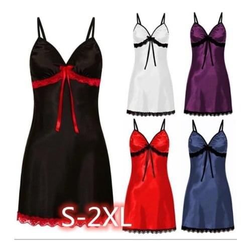 Sexy Sleepwear Women Lace Silk Satin Night Dress Sleeveless Nighties V-neck Nightgown Plus Size 3XL Nightdress Nightwear