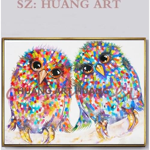 Hand Painted Animal Birds Oil Painting on Canvas Colourful Night Owl Wall Artwork Picture for Home Decor Stretched On Wooden