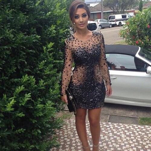 Sexy Short Black Prom Dresses 2021 Long Sleeves Crystal Illusion Mini Sheath Knee Length Graduation Party Dresses Plus Siz