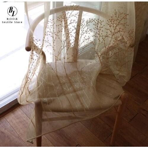 Modern and Simple Thin and Light Window Screen Branches Rich Tree Embroidered Curtains with Gauze Champagne Tulle Curtains