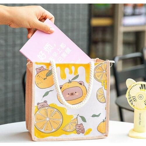 Korean Kawaii Shopping Bag Cotton and Linen Thickened Meal Box Student Square Lunch Storage Bag Portable for Men or Women