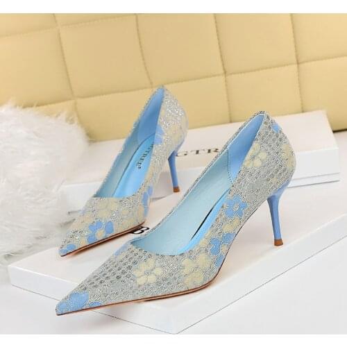BIGTREE Fashion Shallow Sequined Cloth Embroider 7CM Thin Heels Pumps 2021 NEW Sweet Womens Shoes Pointed Toe Party Size 34-43