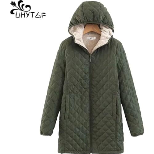 UHYTGF Winter Cotton Jacket womens Plus velvet Thick Female Cotton padded basic tops Plus Size Women Parka Outerwear Coats X477