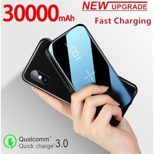 30000mAh Mirror Wireless Mobile PowerBank Portable HD Digital Display Outdoor Travel Emergency Charger for Xiaomi Samsung Iphone