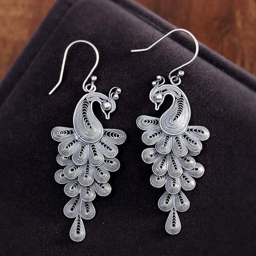 2020 new Thai silver handmade antique earrings for woman s925 pure silver jewelry peacock woman earrings