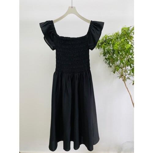 Women Slash Neck Black Midi Dress 2021 New Ruffles Trim Flying Sleeve Slim Waist Pleated Long Dresses