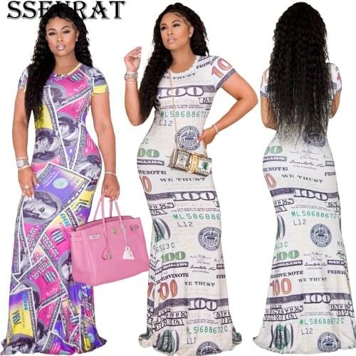 SSEURAT Women Long Dress Dollar Print Short Sleeve O-neck Stretchy Bodycon Maxi Dresses Vintage Party Vestidos Summer