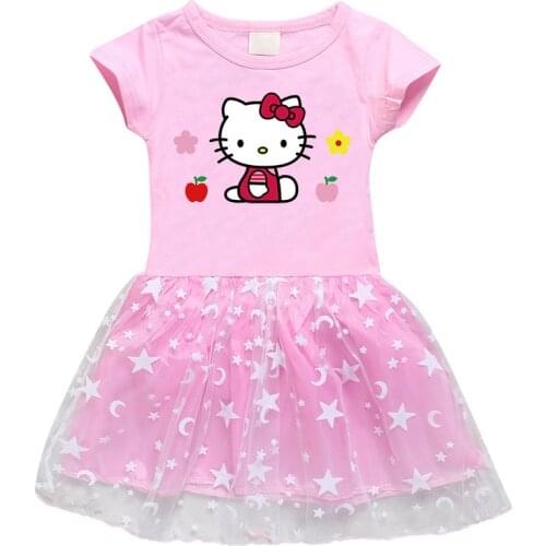 Sanrio 2021 Hello Kitty Girls Dress Cotton Printed Cartoon Stars Moon Mesh Short Sleeve Princess Dress