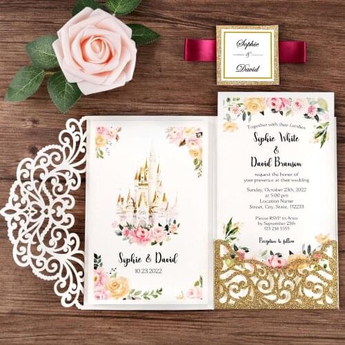 100pcs Gold Glitter Wedding Invitations Laser Cut Invitation Pocket with Ribbon, Envelope for Wedding