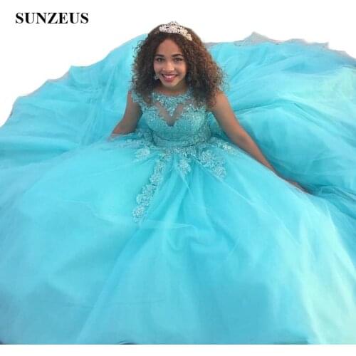 Blue Tulle Ball Gown Quinceanera Dresses Lace Appliques Beaded Sweet 16 Long Prom Dresses Open Back Party Gowns robe de bal