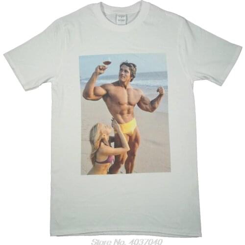 Arnold Schwarzenegger White T-Shirt Retro Olympia Bodybuilding Cartoon Print Short Sleeve T Shirt harajuku