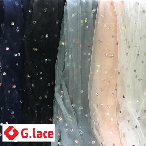 GLace 3Y/Lot Sequins lace fabric 5colour chiffon fabric DIY wedding dress light translucent mesh fabricTX112