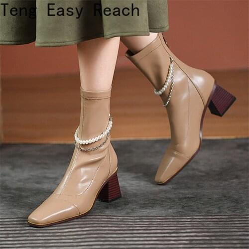 Fashion Women Ankle Boots Beaded decoration Zip Square head Chunky Heels Boots Party Shoes Women 2022 New Winter