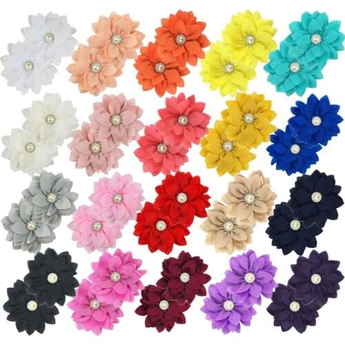 50Pcs/Lot 3.5" Lotus Chiffon Flowers With Round Rhinestone for Baby Girls Headband Clips DIY Women Bouquet Kids Hair Accessories