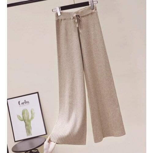 Dabourfeel Women 2021 New High Waist Loose Casual Autumn Winter Thick Wool Knitted Wide Leg Pants Office Lady Solid Bow Tie