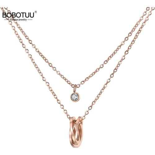 BOBOTUU Double Layers Stainless Steel Choker Necklace Twist Laps & CZ Crystal Pendant Rose Gold Color Chain Fashion Gift BN18282