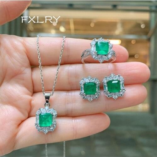 FXLRY Vintage Green Zircon Moissanite Earrings/Pendant/Necklace/Rings Wedding Party Vintage Jewelry Set
