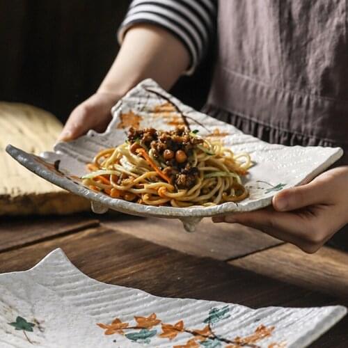 Japanese-Style Ceramic Tableware Irregular Snack Dish Oval Plate Maple Leaf Pattern Dinner Plate Home Food Saucer Food Container