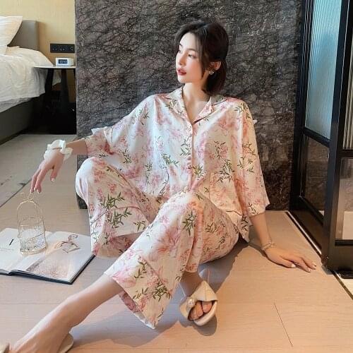 Floral Print Women Sleepwear Loose 2 Pcs with Pants Ladies Pajama Suit Three Quarter Sleeve Spring Autumn Pyjamas for Female