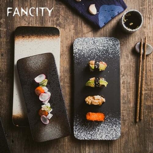 FANCITY Creative retro Japanese and Korean ceramic dinner plate restaurant commercial household sushi plate rectangular flat tra