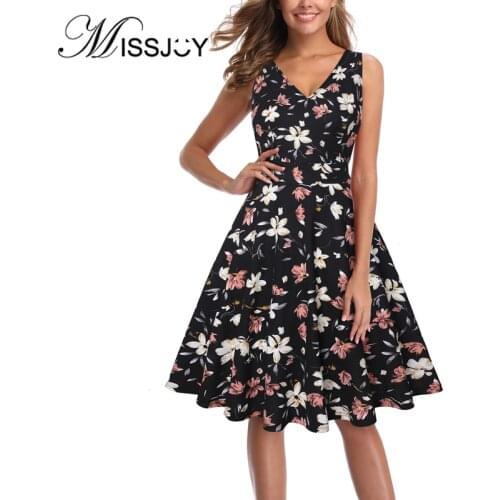 MISSJOY Vintage Summer Women Dresses 2019 Sweet Floral Sleeveless V-Neck Swing Party Printed Elegant Retro 50S 60S Female Sexy
