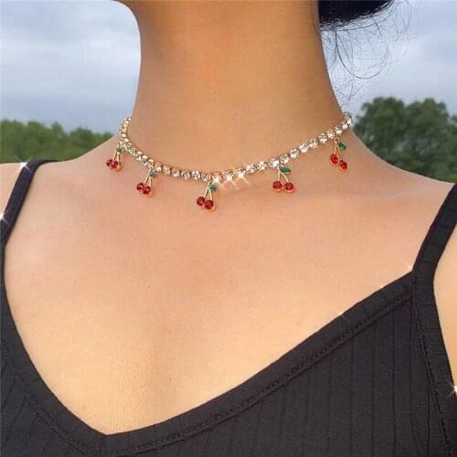 Fashion charm Rhinestone cherry Pendant Necklace womens simple necklace crystal collar girl hip hop jewelry