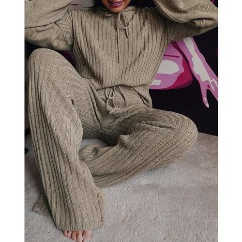 2021 Autumn Winter Knitted Two Piece Sweatershirt Set Women Wide Leg Pants Suit Loose Solid Gray Casual 2 Piece Set Tracksuit