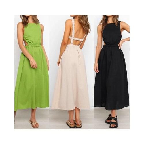 Sexy Womans Summer Solid Color A-Line Dress Hollow Out Design O-Neck Elegant Sleeveless Backless Mid Waist Slim Pullovers Dress
