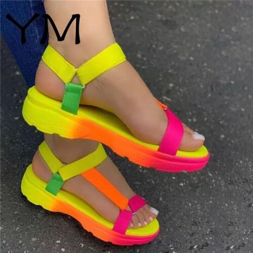 2021 Ladies Open Toe Platform Sandals Lightweight Casual Comfortable Rainbow Color Summer Sandals Ladies Hook and Loop Shoes