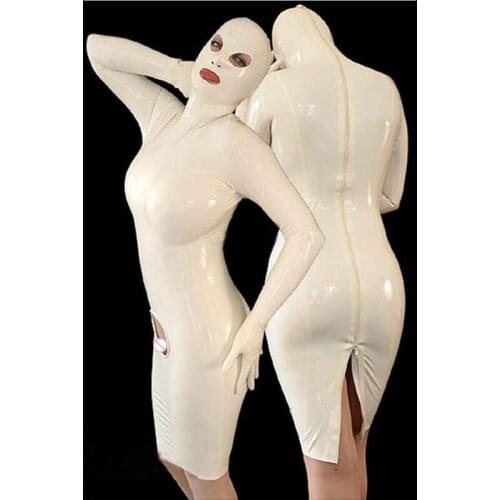 Sexy Long Sleeve White Latex Rubber Women Dress With Hood Mask Gummi Back Zip Plus Size