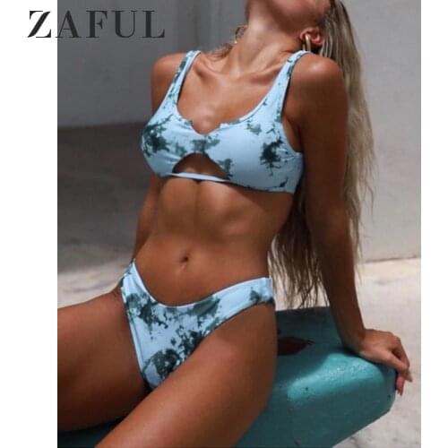 ZAFUL V-Notch Cutout Tie Dye Bikini Swimsuit Ink Print Cut Out Waistcoat Bikini Removable Padded High Cut Scoop Elastic Bikini