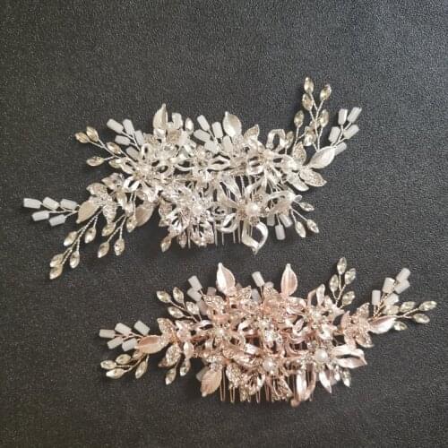 SLBRIDAL Silver Color Rhinestone Pearls Flower Wedding Hair Comb Bridal Headpiece Hair Accessories Women Bridesmaids Jewelry