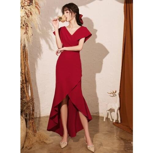 New Wine Red Short Front Long Back Evening Dress Sexy Boat Neck Party can usually wear V-neck Robe De Soiree