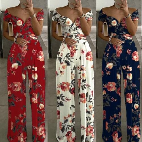 Women Flowers Off-shoulder Summer Holiday Casual Short Sleeves Jumpsuits Fashion Ladies Boho Loose Long Trousers Overalls #T2Q