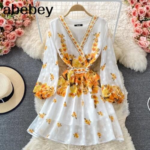 2021 New Spring Autumn Temperament V-Neck long sleeve Dress high waist pleated waist Vintage print short A-line Dress