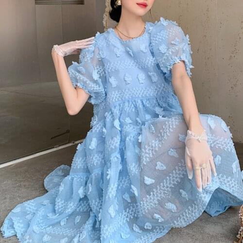 Women Flower Short Puff Sleeve Mesh Dress Large Size Blue Color Cute Dresses Fit Lady Fashion Tide Summer 2021