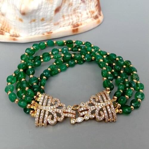 6 Rows Faceted Coin Shape Green Agate Bracelet Cubic Zirconia Pave Clasp