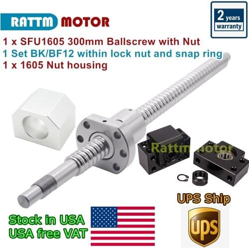 [USA Free Ship] SFU1605 Ball Screw-300mm with End Machined & BK/BF12 End Support & 1605 Nut Housing for CNC Router Machine