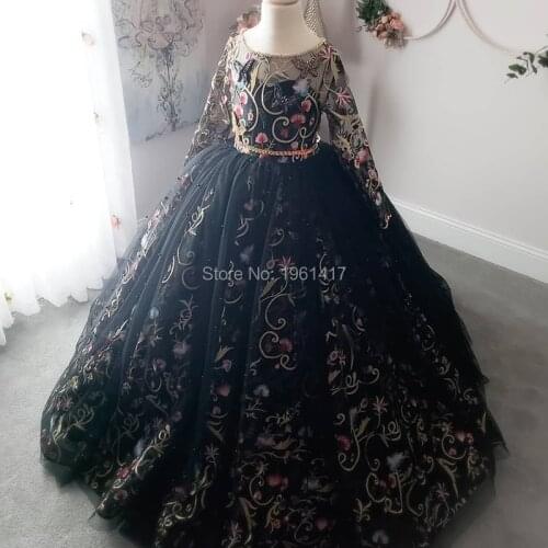 Black Lace Flower Girls Dress For Wedding Girl Formal Birthday Party Dress Princess Gown Long Train First Communion Dress
