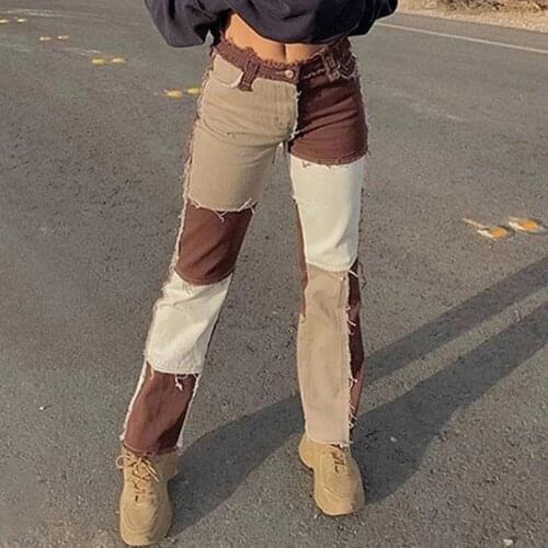 Hip Hop High Waist Loose Straight Jeans Womens Fashion Pants Autumn Brown Women Cowboy Striped Patchwork Jeans Street Casual