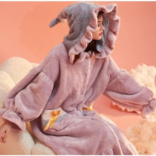 Purple Coral Fleece Nightdress Womens Soft and Fluffy Sleepwear Autumn Winter Night Gown Long Pajamas Cute Hooded Home Service