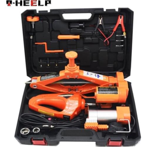 E-HEELP 12V 3 in 1 Car Electric Jack Lifting Set Built-in Flash LED Light with Impact Wrench & Air pump Car Jacks Orange