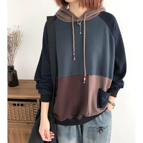 Cotton Hoodies Pullovers 2021 Spring Autumn Loose Long sleeve Contrast Color Casual Pockets Blouse Female