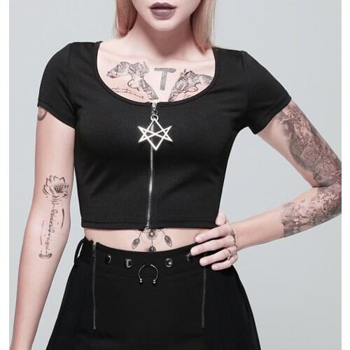 KLV Summer Women Black Crop Tops Star Zipper Short Sleeve Gothic Tops Solid Basic Lady Short shirts Casual Bodycon Female Tops