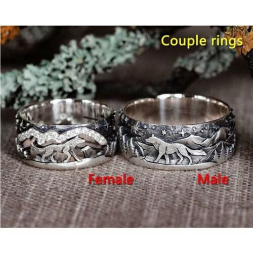 Loyal Timberwolves Couples Retro Thai Silver Diamond Ring Hollow Inlaid with White Zircon Fashion Jewelry for Men and Women
