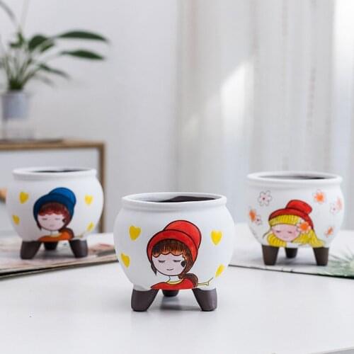 Creative Cartoons Ceramics Cute Girl Flowerpot Simple Succulent Plant Container Green Planters Small Bonsai Pots Home Decoration