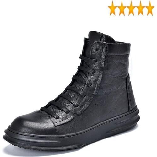 Short Brand 2021 Winter Warm Plush Genuine Leather Mens Ankle Lace Up High Top Sneakers Cowhide Shoes Cargo Boots